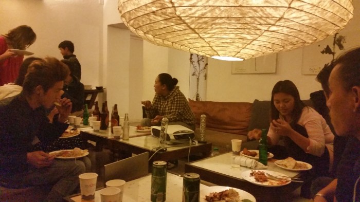 And after the movie Ramesh/'Sal' brought us a lot of his pizzas & Momos and several Indian Dishes from our local Tandori Fast Food.. After we finished eating Annette and I went to bed... then the dancing started :-) A fantastic evening. 20141220_210827