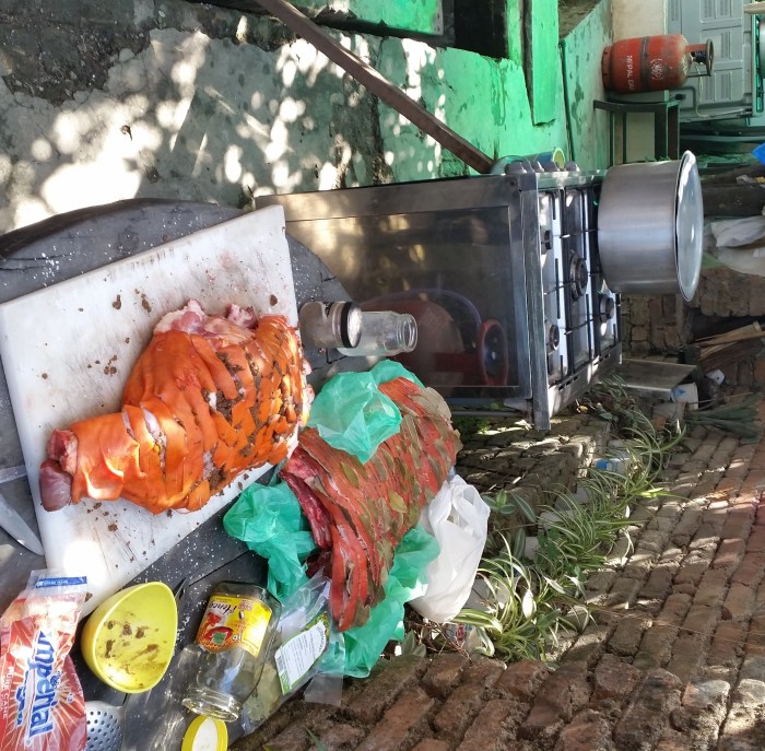 2 of the 3 Wild Boa roasts ready for the owen after in intimate massage with Danish Sea Salt, ground pepper and bay leaves. 20141223_114306