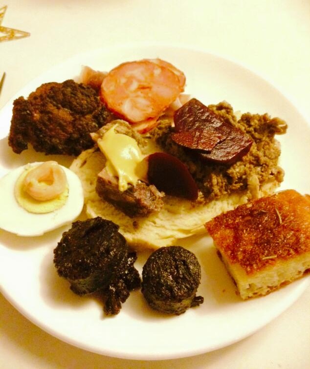 Some of the starters: Egg w. Kalles Kaviar fom Ikea, Frikadelle, Chorizo from Spain, Mushroom Pate, Pork Gel, Blood Saussage and bread... Xmas eve (1)